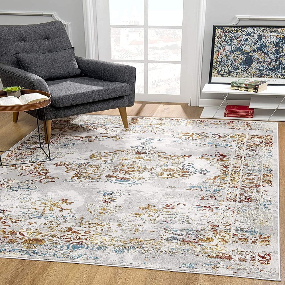 HomeRoots Multi 100% High Grade Polypropylene 4 x 6 Gray and Beige Distressed Ornate Area Rug