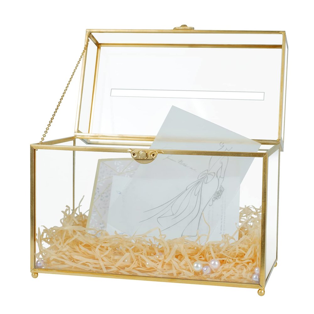 Jajamy Glass Wedding Card Box with Slot, Large Clear Card Box Gold Brass Gift Card Storage Box Perfect for Wedding Receptions, Birthday Party, Bridal Shower Greeting Card Organizer