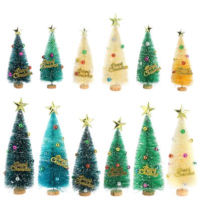 DEDEMCO 12Pcs Mini Christmas Tree,Mini Pine Trees Artificial Tiny Pine Tree with Wooden Base Star Ball,Frosted Sisal Trees Bottle Brush Trees Plastic Winter Snow Ornaments for Xmas Holiday Room Decor