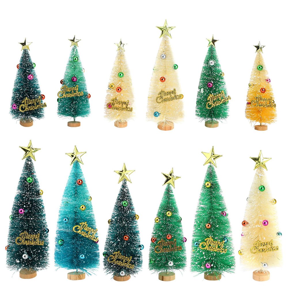 DEDEMCO 12Pcs Mini Christmas Tree,Mini Pine Trees Artificial Tiny Pine Tree with Wooden Base Star Ball,Frosted Sisal Trees Bottle Brush Trees Plastic Winter Snow Ornaments for Xmas Holiday Room Decor