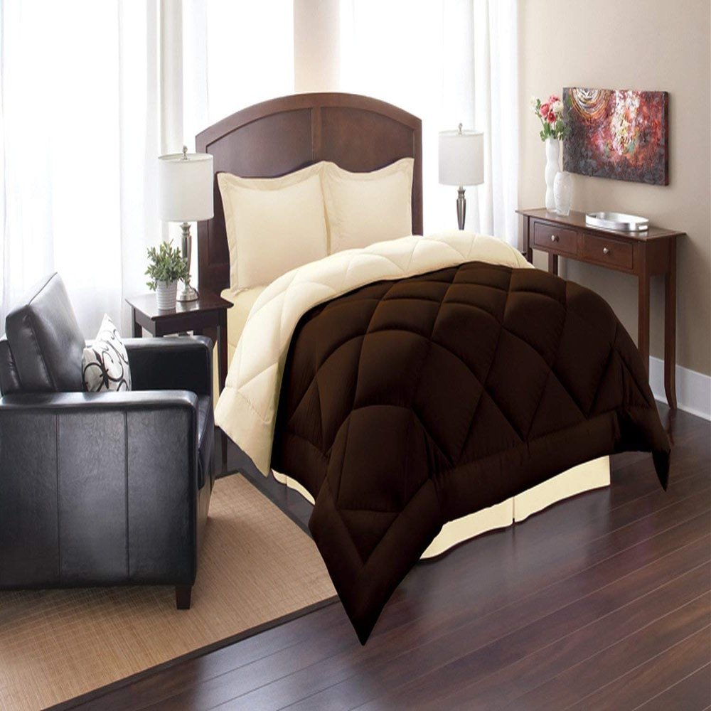 Wega Linen All Season Goose Down Alternative Reversible Comforter Set Palatial King 120x98 3 Piece Cotton Comforter Brown/Cream
