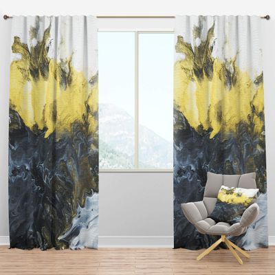 DesignQ Blackout Curtains 'Grey, Yellow and White Hand Painted Marble Composition' Curtains for Bedroom, Curtains for Living Room, Curtains & Drapes - Thermal Insulated -Single Panel -52x84