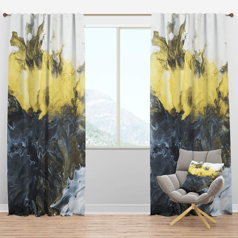 DesignQ Blackout Curtains 'Grey, Yellow and White Hand Painted Marble Composition' Curtains for Bedroom, Curtains for Living Room, Curtains & Drapes - Thermal Insulated -Single Panel -52x84