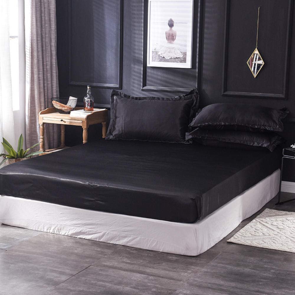 CFYCYHDZHT Bedding Set Satin Brushed Microfiber Mattress Protector Cover, Bedroom Silky Solid Color Double Fitted Bed Sheet Pillowcase 150200cm (3pcs) Black