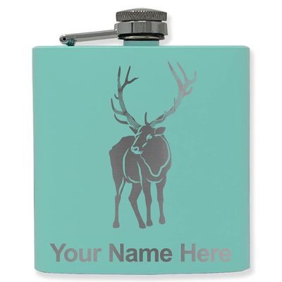 6oz Stainless Steel Flask, Elk, Personalized Engraving Included (Teal)