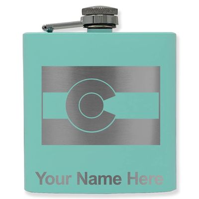 6oz Stainless Steel Flask, Flag of Colorado, Personalized Engraving Included (Teal)