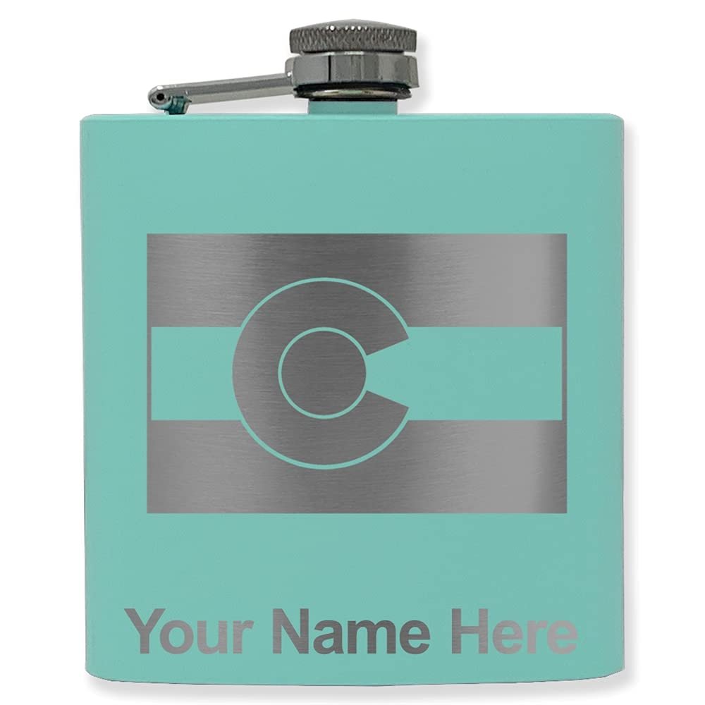 6oz Stainless Steel Flask, Flag of Colorado, Personalized Engraving Included (Teal)