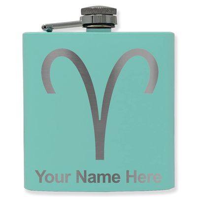 6oz Stainless Steel Flask, Zodiac Sign Aries, Personalized Engraving Included (Teal)