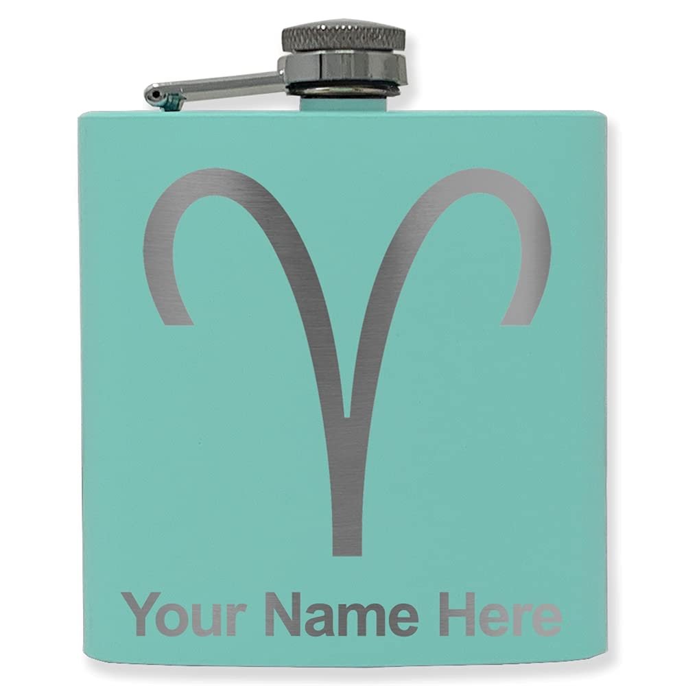 6oz Stainless Steel Flask, Zodiac Sign Aries, Personalized Engraving Included (Teal)