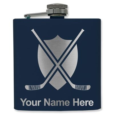 6oz Stainless Steel Flask, Hockey Sticks, Personalized Engraving Included (Navy Blue)
