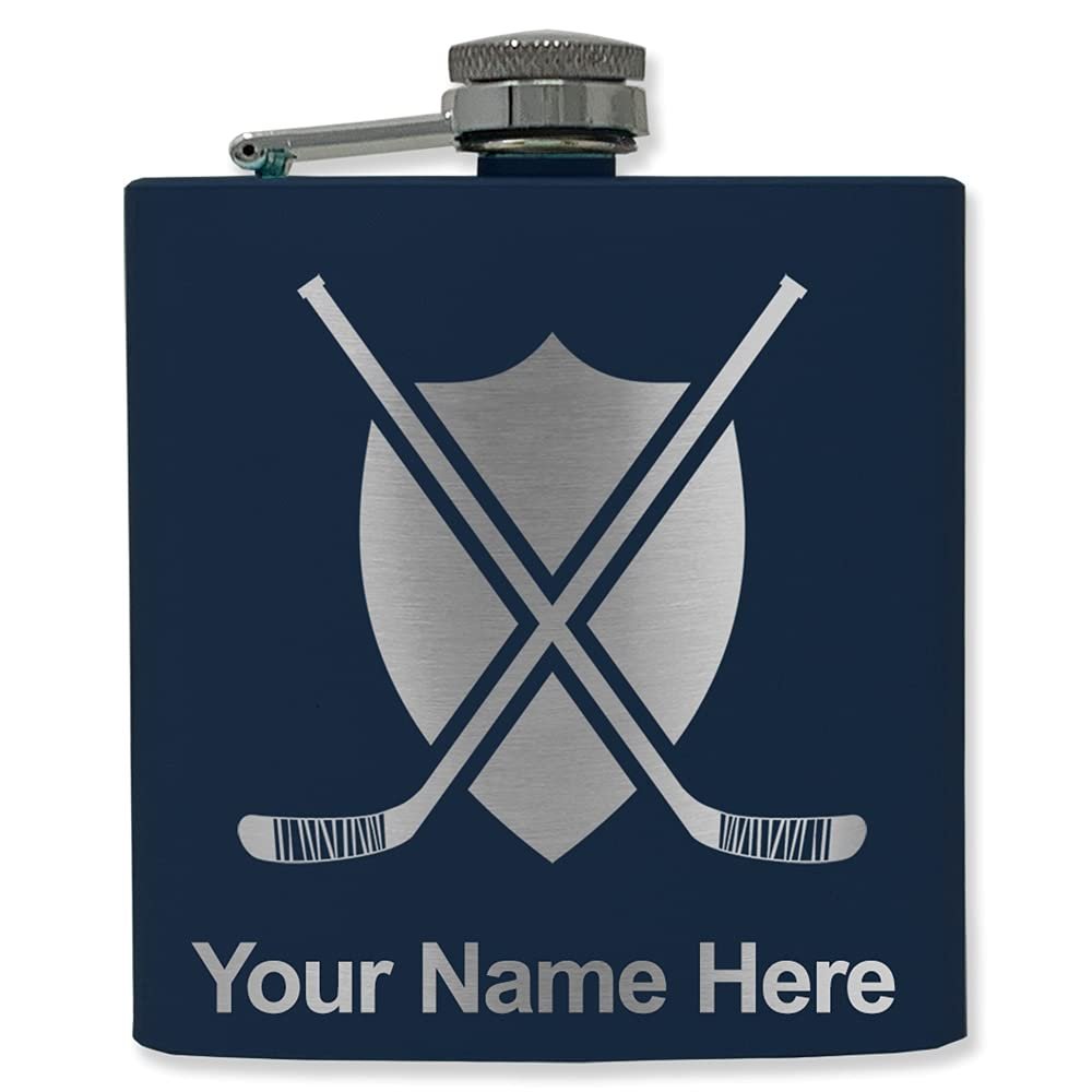 6oz Stainless Steel Flask, Hockey Sticks, Personalized Engraving Included (Navy Blue)