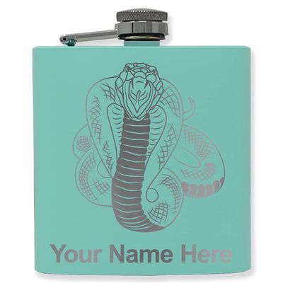6oz Stainless Steel Flask, Cobra Snake, Personalized Engraving Included (Teal)