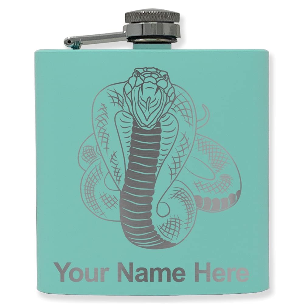 6oz Stainless Steel Flask, Cobra Snake, Personalized Engraving Included (Teal)