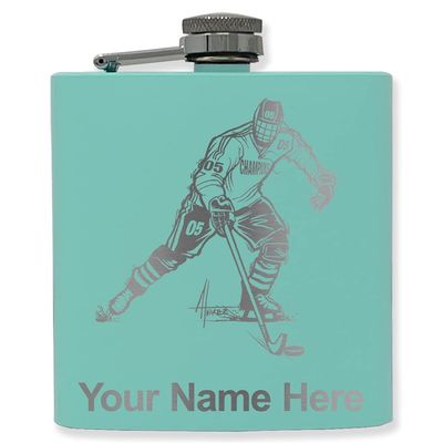 6oz Stainless Steel Flask, Hockey Player Man, Personalized Engraving Included (Teal)
