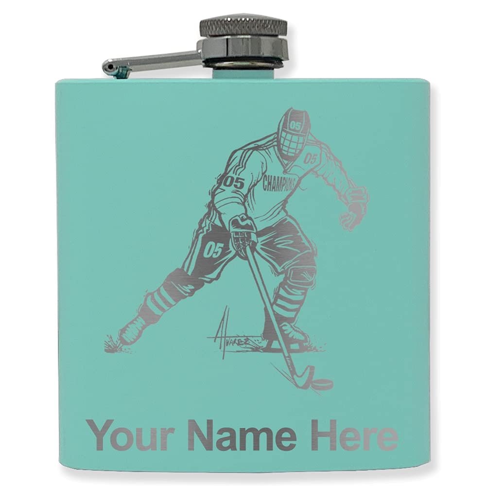 6oz Stainless Steel Flask, Hockey Player Man, Personalized Engraving Included (Teal)