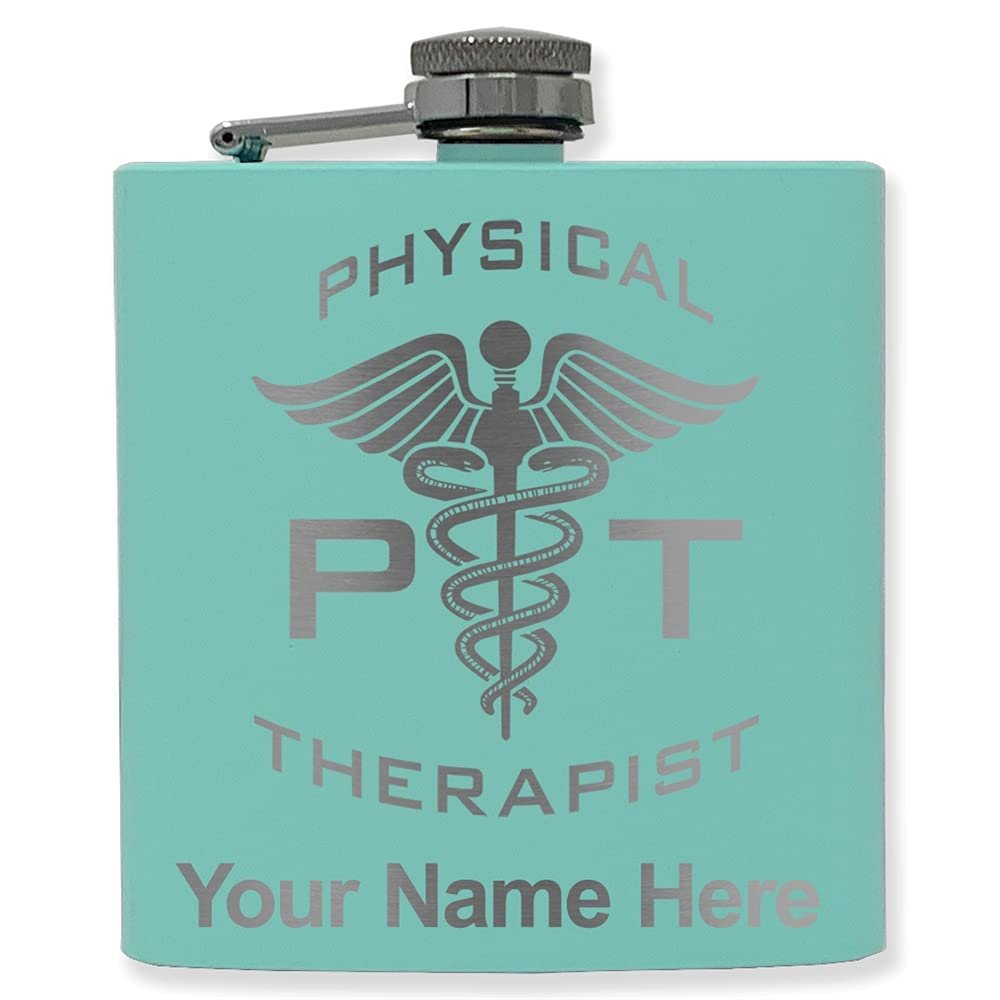 6oz Stainless Steel Flask, PT Physical Therapist, Personalized Engraving Included (Teal)