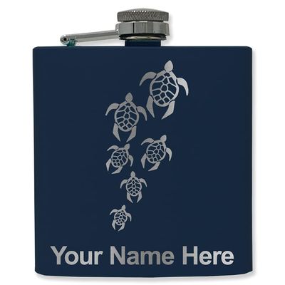 6oz Stainless Steel Flask, Sea Turtle Family, Personalized Engraving Included (Navy Blue)