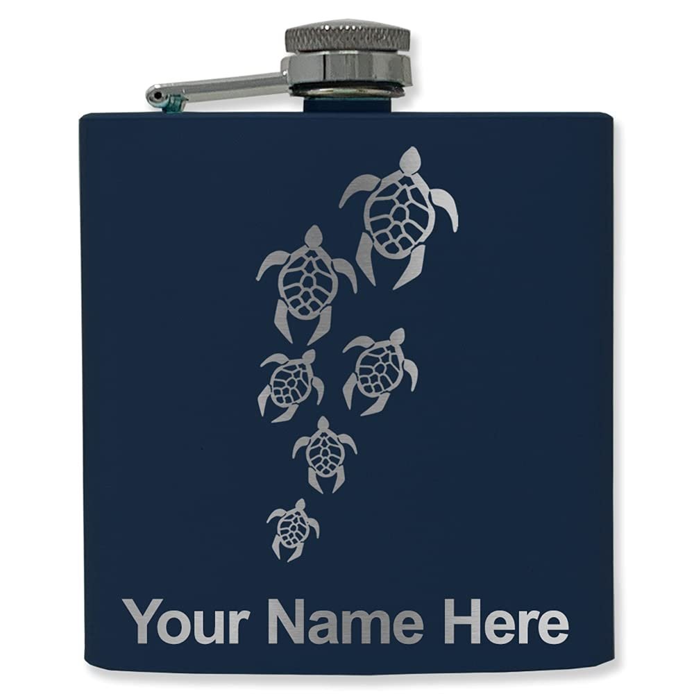 6oz Stainless Steel Flask, Sea Turtle Family, Personalized Engraving Included (Navy Blue)