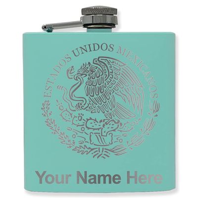 6oz Stainless Steel Flask, Flag of Mexico, Personalized Engraving Included (Teal)