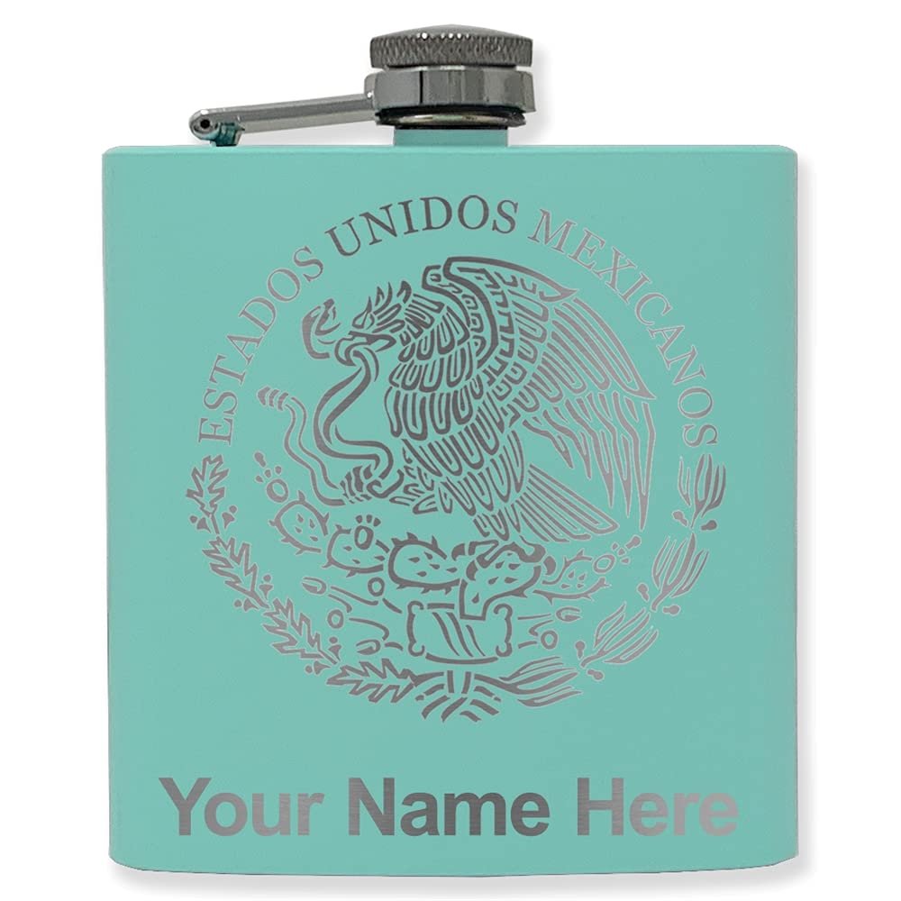 6oz Stainless Steel Flask, Flag of Mexico, Personalized Engraving Included (Teal)