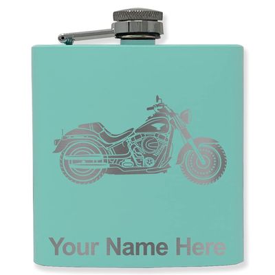 6oz Stainless Steel Flask, Motorcycle, Personalized Engraving Included (Teal)