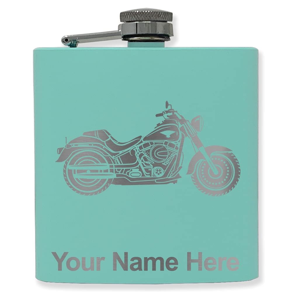 6oz Stainless Steel Flask, Motorcycle, Personalized Engraving Included (Teal)