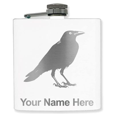 6oz Stainless Steel Flask, Crow, Personalized Engraving Included (White)
