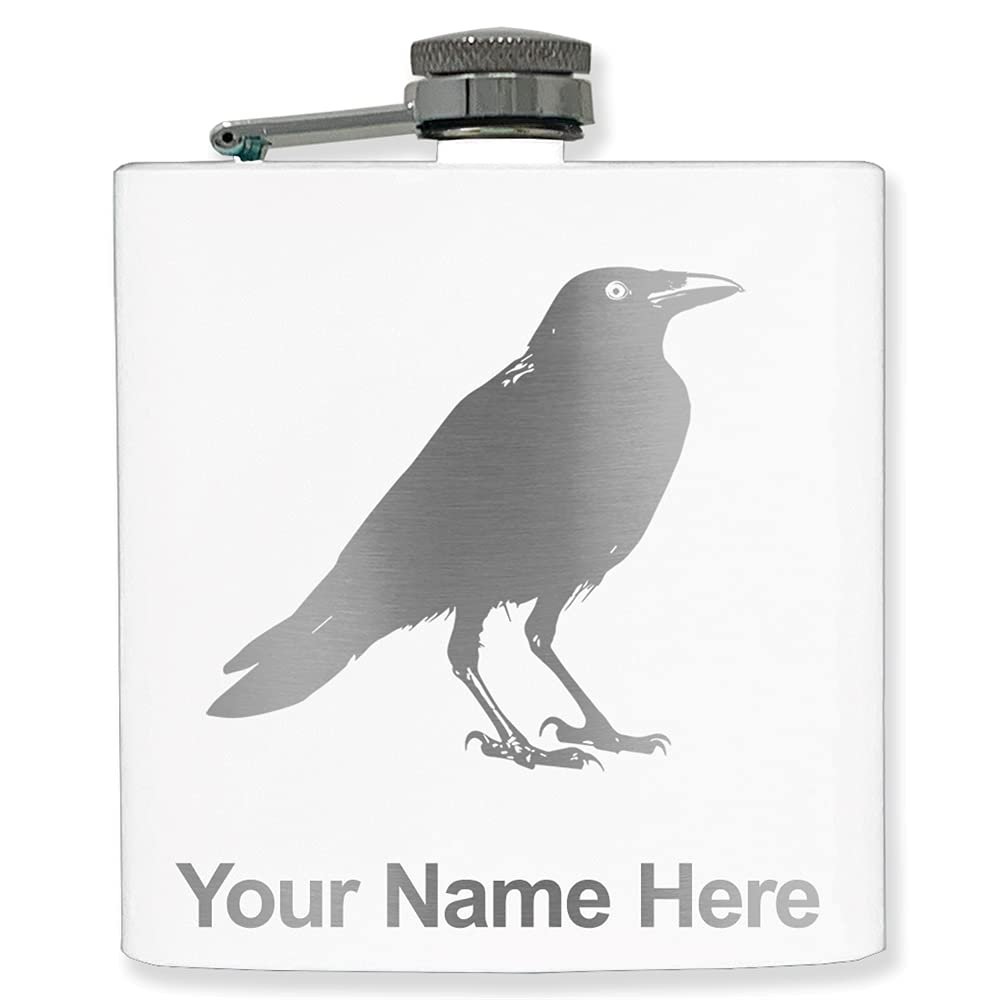6oz Stainless Steel Flask, Crow, Personalized Engraving Included (White)