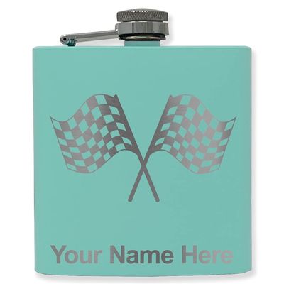 6oz Stainless Steel Flask, Racing Flags, Personalized Engraving Included (Teal)