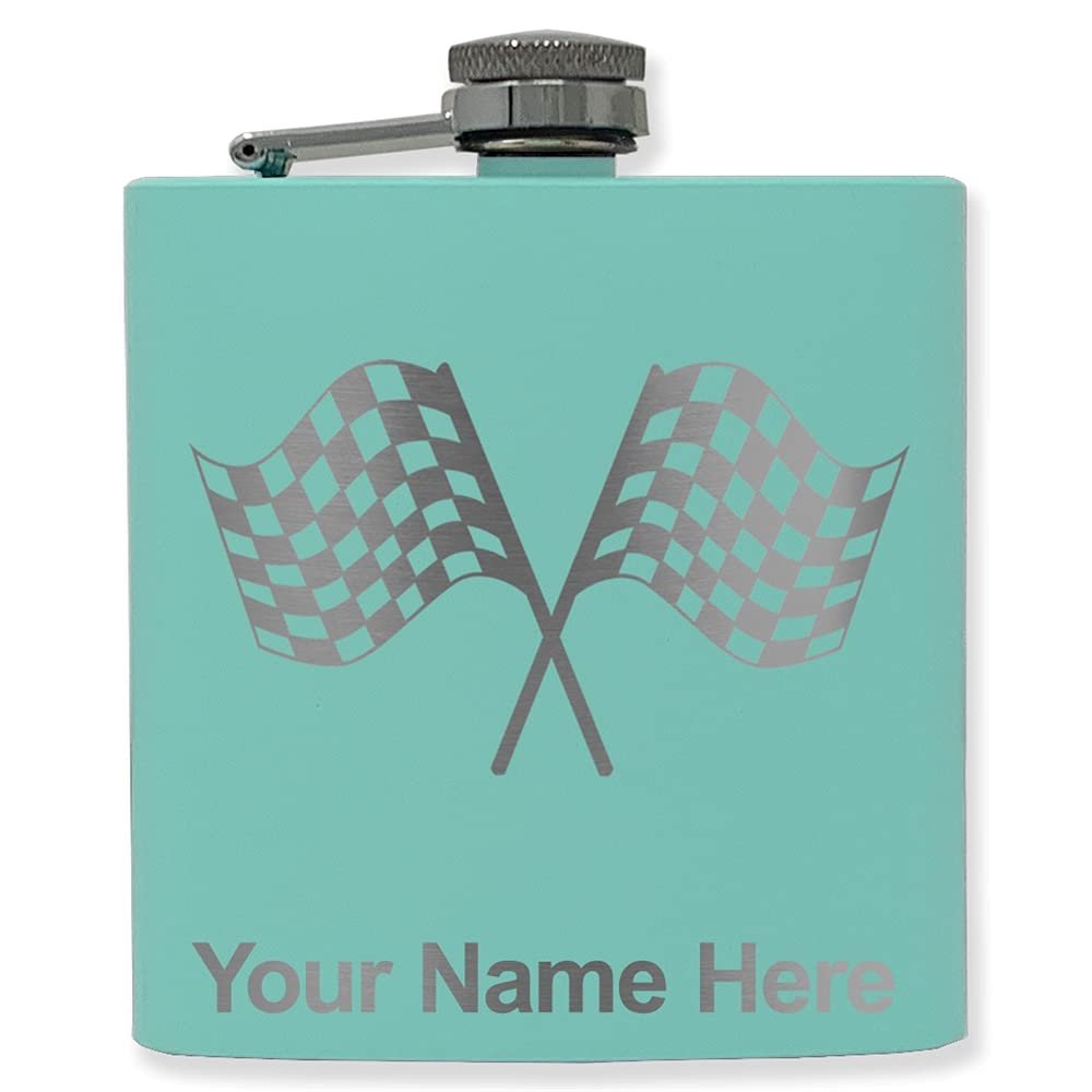 6oz Stainless Steel Flask, Racing Flags, Personalized Engraving Included (Teal)