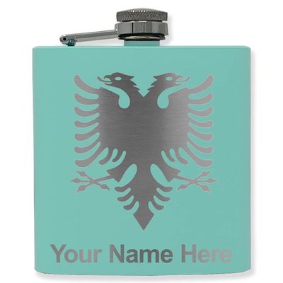 6oz Stainless Steel Flask, Flag of Albania, Personalized Engraving Included (Teal)