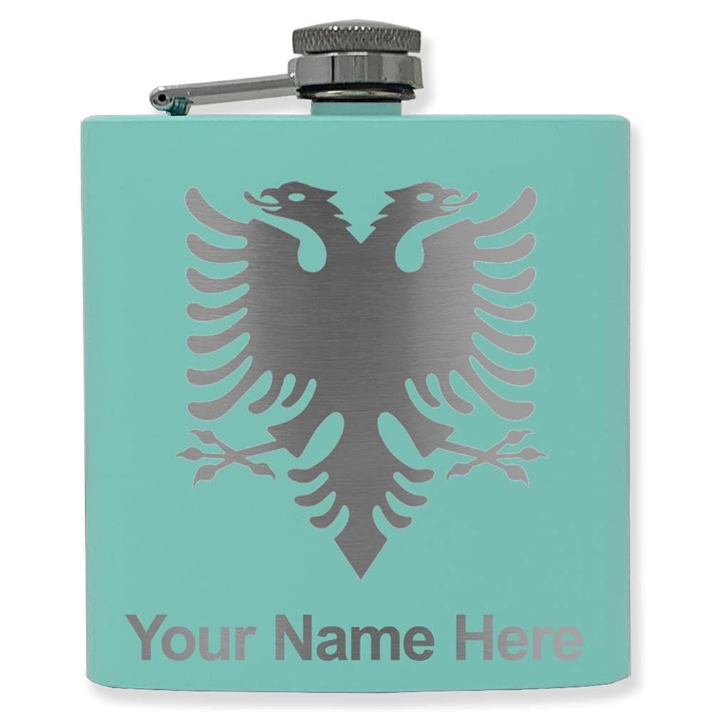 6oz Stainless Steel Flask, Flag of Albania, Personalized Engraving Included (Teal)