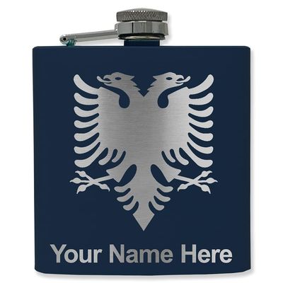 6oz Stainless Steel Flask, Flag of Albania, Personalized Engraving Included (Navy Blue)