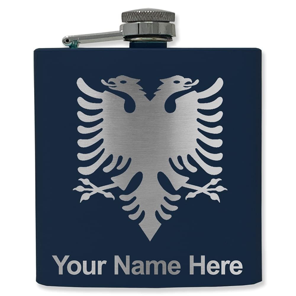 6oz Stainless Steel Flask, Flag of Albania, Personalized Engraving Included (Navy Blue)