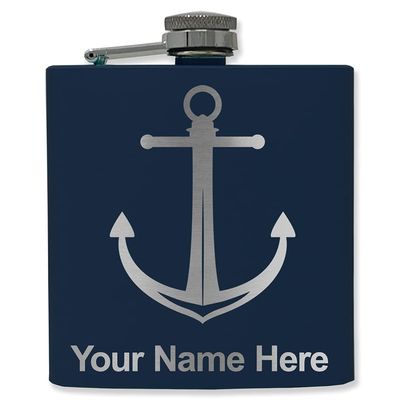 6oz Stainless Steel Flask, Boat Anchor, Personalized Engraving Included (Navy Blue)