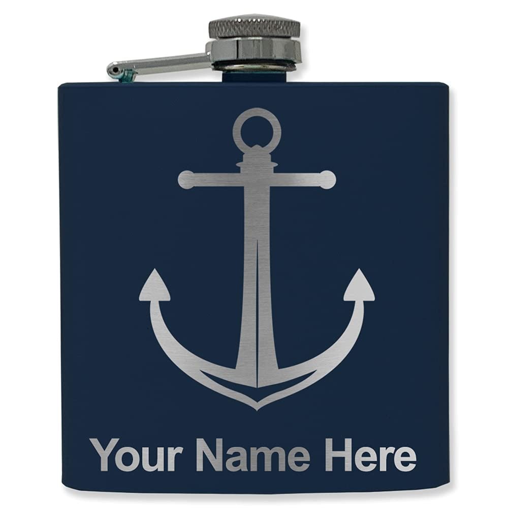 6oz Stainless Steel Flask, Boat Anchor, Personalized Engraving Included (Navy Blue)