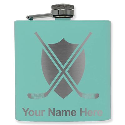 6oz Stainless Steel Flask, Hockey Sticks, Personalized Engraving Included (Teal)