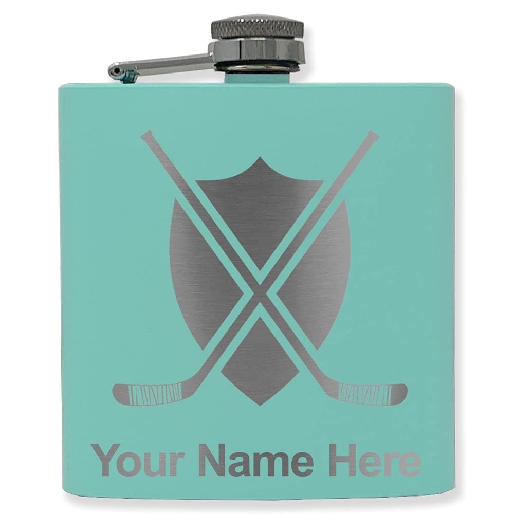 6oz Stainless Steel Flask, Hockey Sticks, Personalized Engraving Included (Teal)