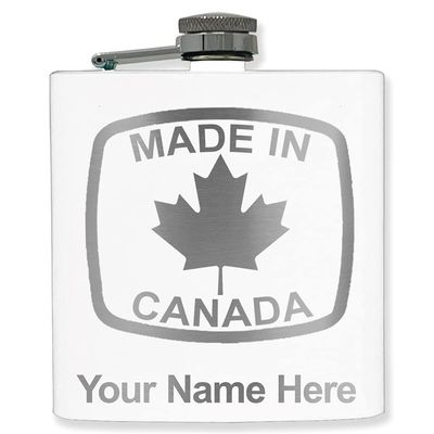 6oz Stainless Steel Flask, Made in Canada, Personalized Engraving Included (White)