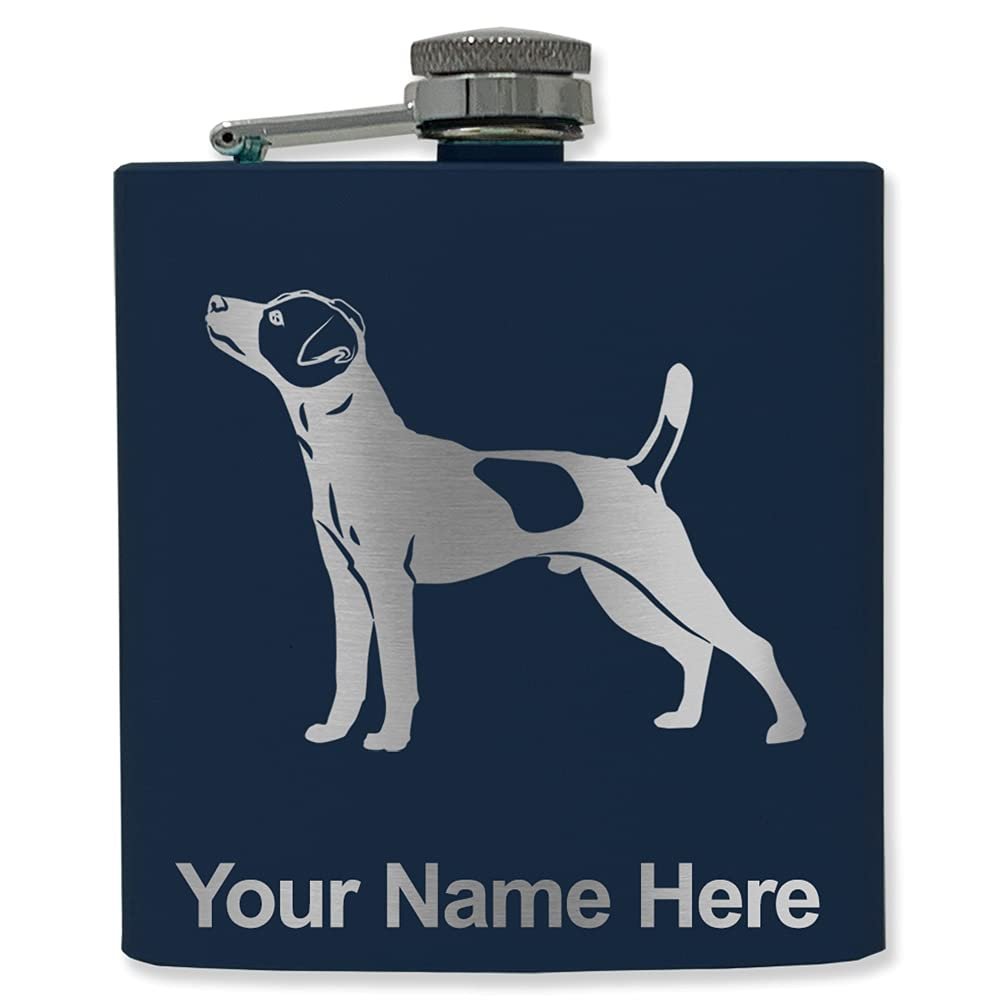 6oz Stainless Steel Flask, Jack Russell Terrier Dog, Personalized Engraving Included (Navy Blue)