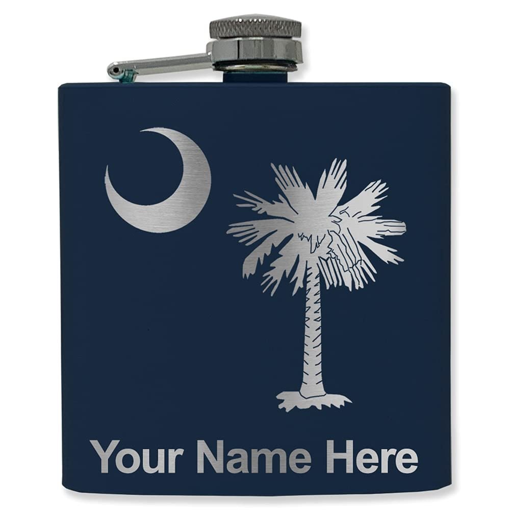 6oz Stainless Steel Flask, Flag of South Carolina, Personalized Engraving Included (Navy Blue)