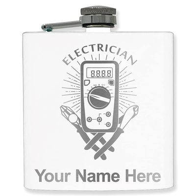 6oz Stainless Steel Flask, Electrician, Personalized Engraving Included (White)