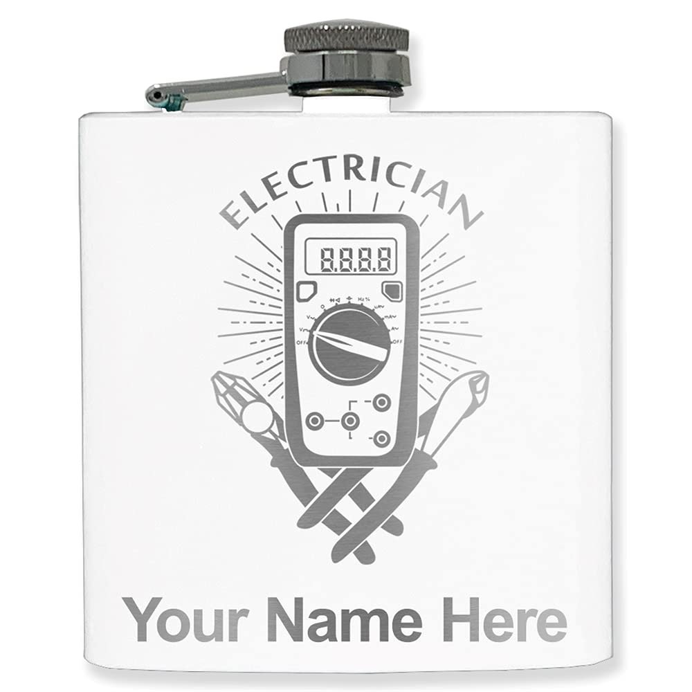 6oz Stainless Steel Flask, Electrician, Personalized Engraving Included (White)