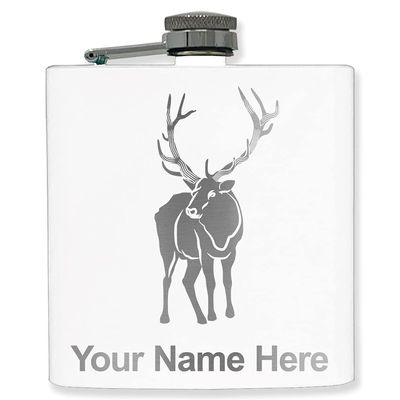 6oz Stainless Steel Flask, Elk, Personalized Engraving Included (White)