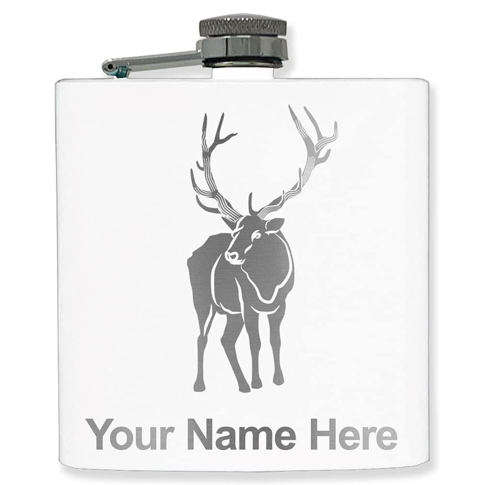 6oz Stainless Steel Flask, Elk, Personalized Engraving Included (White)