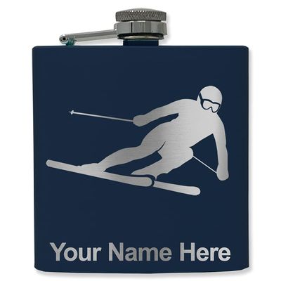 6oz Stainless Steel Flask, Skier Downhill, Personalized Engraving Included (Navy Blue)