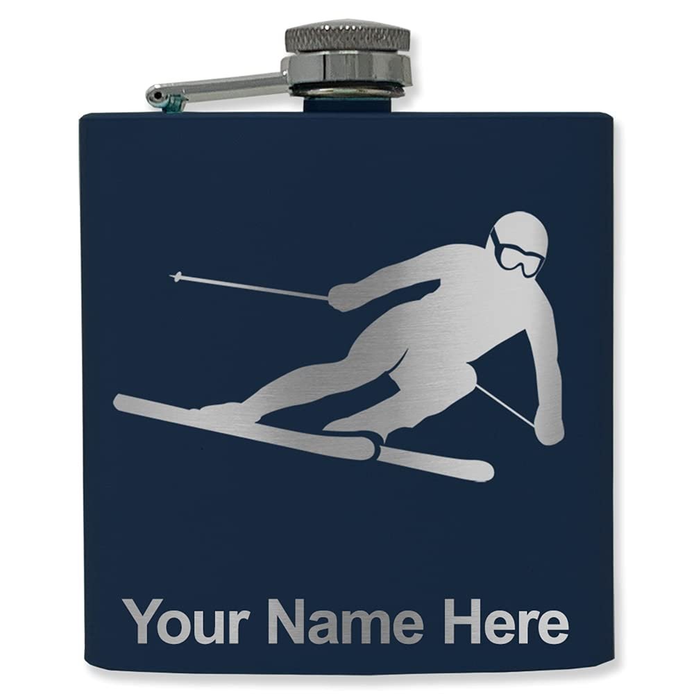 6oz Stainless Steel Flask, Skier Downhill, Personalized Engraving Included (Navy Blue)