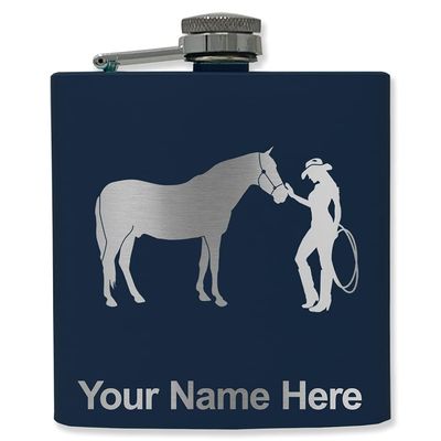 6oz Stainless Steel Flask, Horse and Cowgirl, Personalized Engraving Included (Navy Blue)