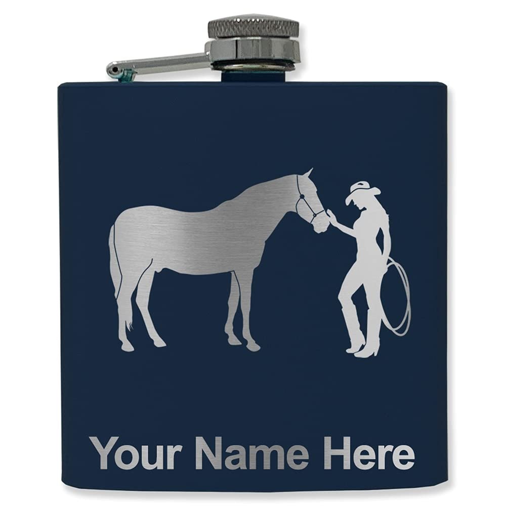 6oz Stainless Steel Flask, Horse and Cowgirl, Personalized Engraving Included (Navy Blue)