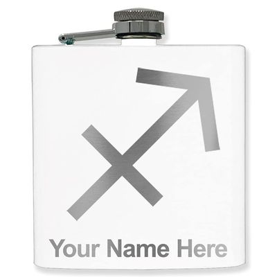 6oz Stainless Steel Flask, Zodiac Sign Sagittarius, Personalized Engraving Included (White)
